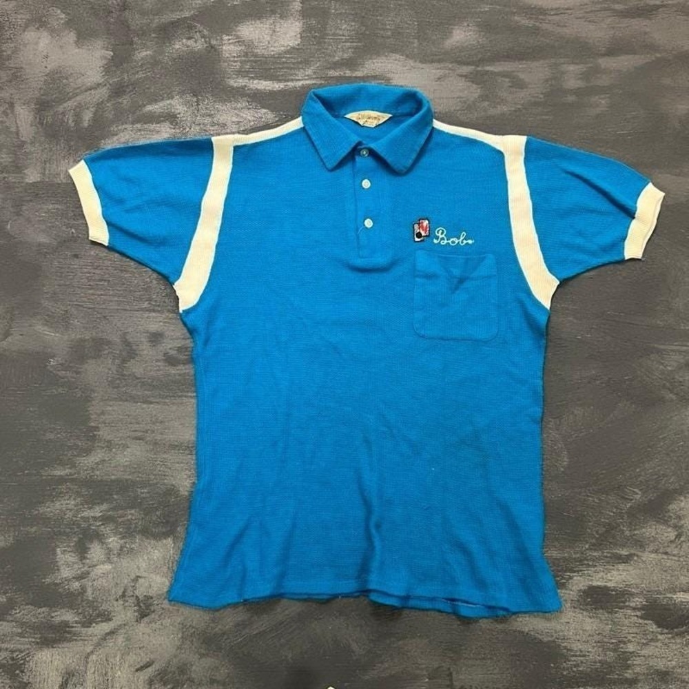Vintage Hilton Bowling Shirt Mens Medium Blue 1960s Polo USA Short Sleeve